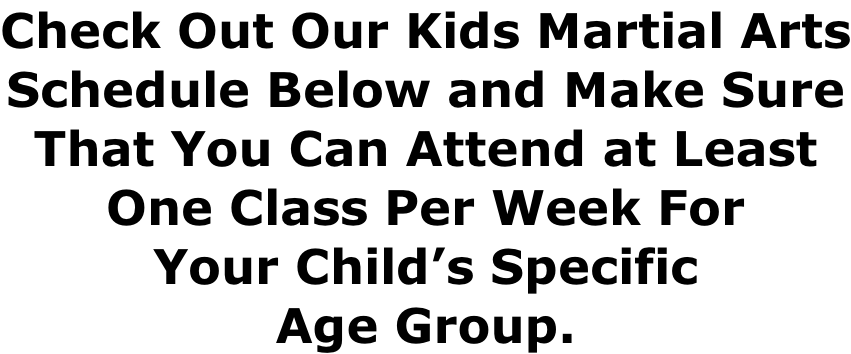 Check Out Our Kids Martial Arts Schedule Below and Make Sure That You Can Attend at Least One Class Per Week For Your Child’s Specific Age Group.